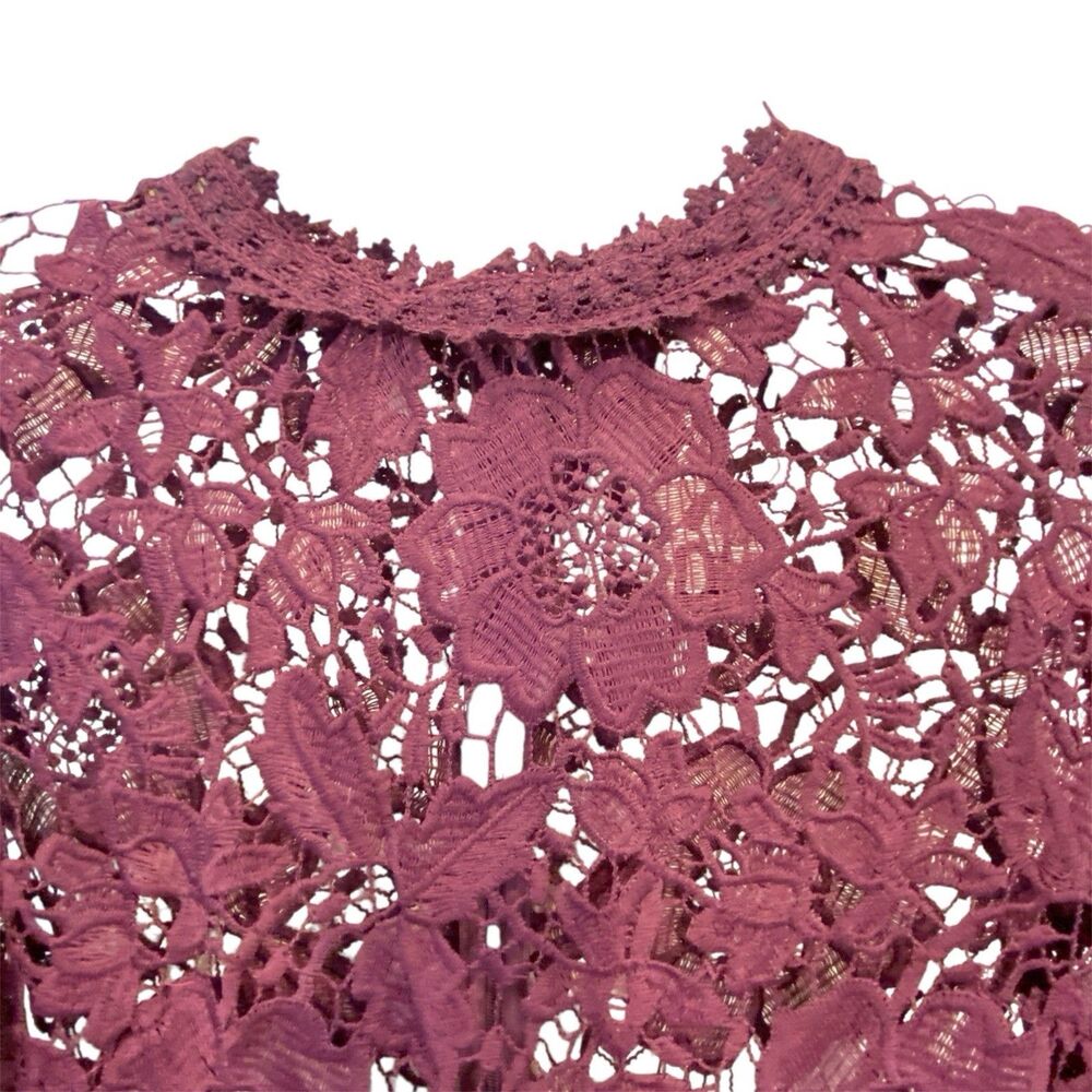 L'Atiste Crochet Lace Sheath Dress M Purple Lined Scallop Edges Bell Sleeves NEW - Picture 2 of 7